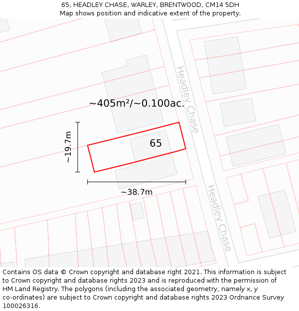65, HEADLEY CHASE, WARLEY, BRENTWOOD, CM14 5DH: Plot and title map