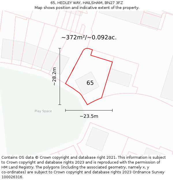 65, HEDLEY WAY, HAILSHAM, BN27 3FZ: Plot and title map