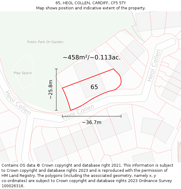 65, HEOL COLLEN, CARDIFF, CF5 5TY: Plot and title map