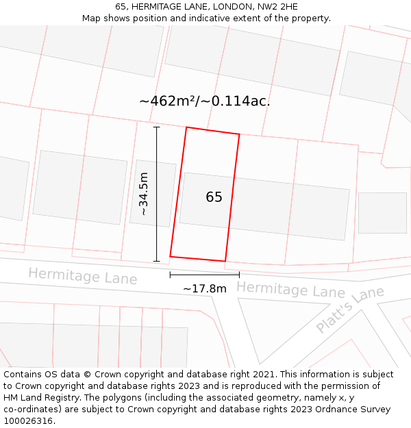 65, HERMITAGE LANE, LONDON, NW2 2HE: Plot and title map