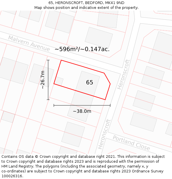 65, HERONSCROFT, BEDFORD, MK41 9ND: Plot and title map