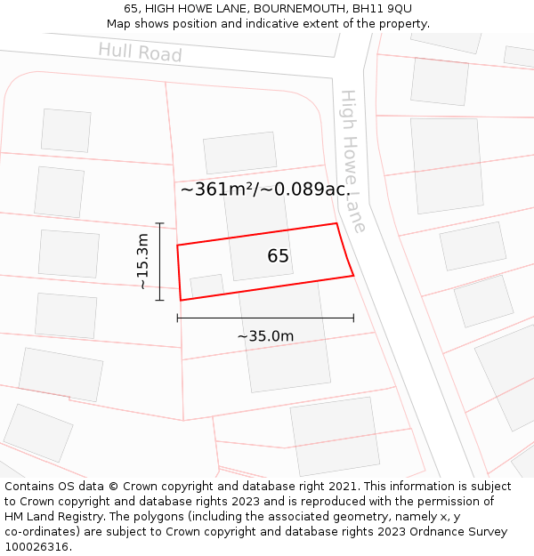 65, HIGH HOWE LANE, BOURNEMOUTH, BH11 9QU: Plot and title map
