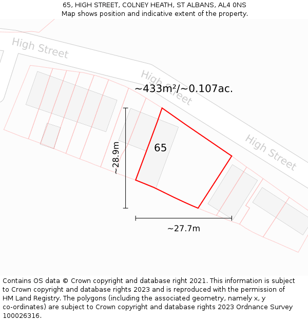 65, HIGH STREET, COLNEY HEATH, ST ALBANS, AL4 0NS: Plot and title map
