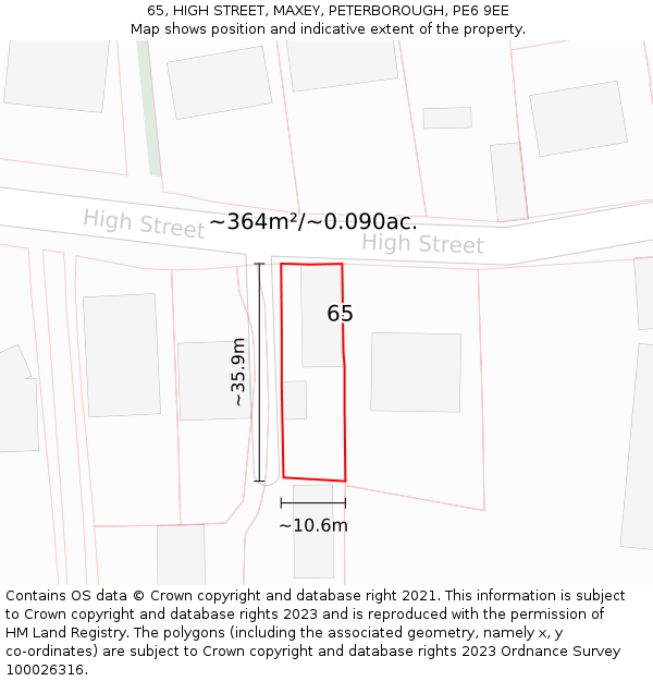 65, HIGH STREET, MAXEY, PETERBOROUGH, PE6 9EE: Plot and title map