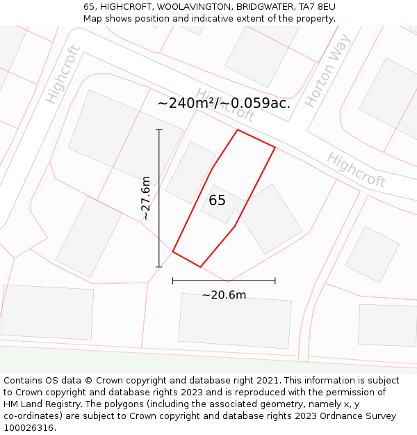 65, HIGHCROFT, WOOLAVINGTON, BRIDGWATER, TA7 8EU: Plot and title map