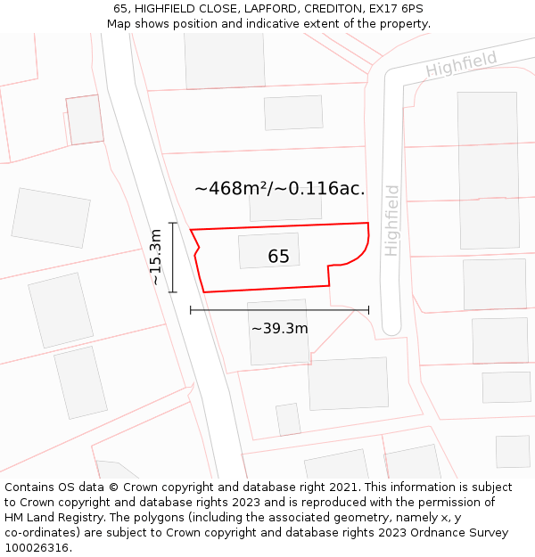 65, HIGHFIELD CLOSE, LAPFORD, CREDITON, EX17 6PS: Plot and title map