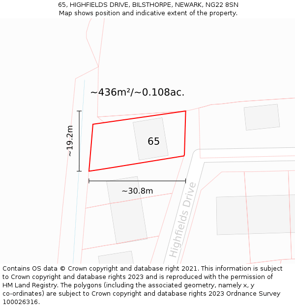 65, HIGHFIELDS DRIVE, BILSTHORPE, NEWARK, NG22 8SN: Plot and title map