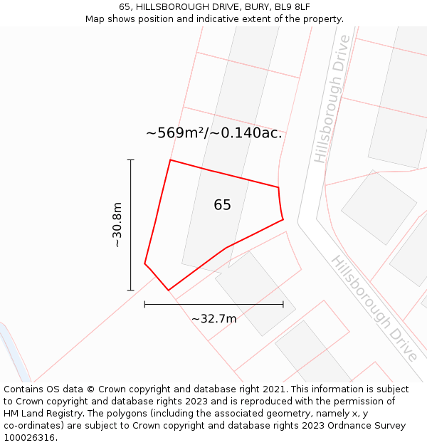65, HILLSBOROUGH DRIVE, BURY, BL9 8LF: Plot and title map
