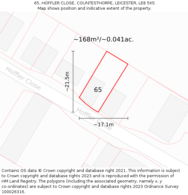 65, HOFFLER CLOSE, COUNTESTHORPE, LEICESTER, LE8 5XS: Plot and title map