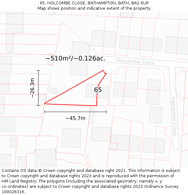 65, HOLCOMBE CLOSE, BATHAMPTON, BATH, BA2 6UP: Plot and title map