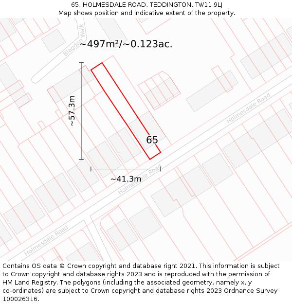 65, HOLMESDALE ROAD, TEDDINGTON, TW11 9LJ: Plot and title map