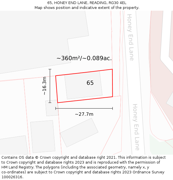 65, HONEY END LANE, READING, RG30 4EL: Plot and title map