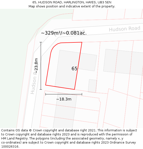 65, HUDSON ROAD, HARLINGTON, HAYES, UB3 5EN: Plot and title map