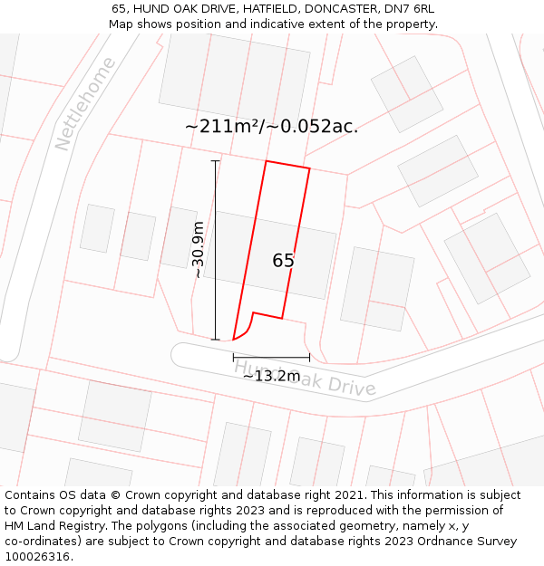 65, HUND OAK DRIVE, HATFIELD, DONCASTER, DN7 6RL: Plot and title map