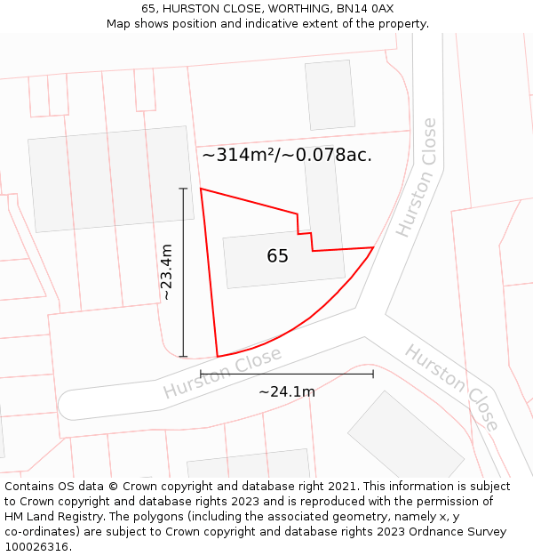 65, HURSTON CLOSE, WORTHING, BN14 0AX: Plot and title map