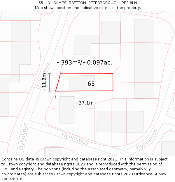 65, HYHOLMES, BRETTON, PETERBOROUGH, PE3 8LN: Plot and title map