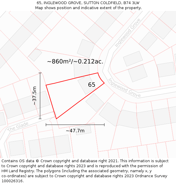 65, INGLEWOOD GROVE, SUTTON COLDFIELD, B74 3LW: Plot and title map