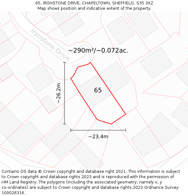 65, IRONSTONE DRIVE, CHAPELTOWN, SHEFFIELD, S35 3XZ: Plot and title map