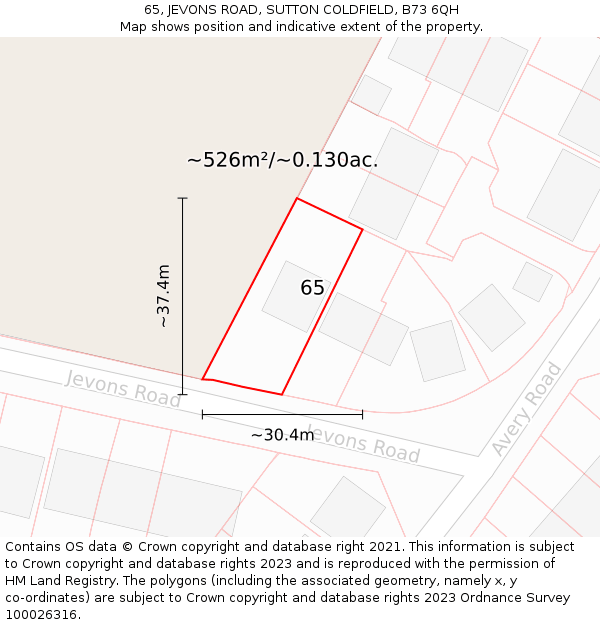 65, JEVONS ROAD, SUTTON COLDFIELD, B73 6QH: Plot and title map