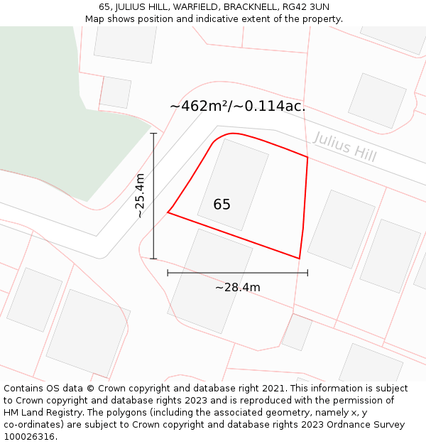 65, JULIUS HILL, WARFIELD, BRACKNELL, RG42 3UN: Plot and title map