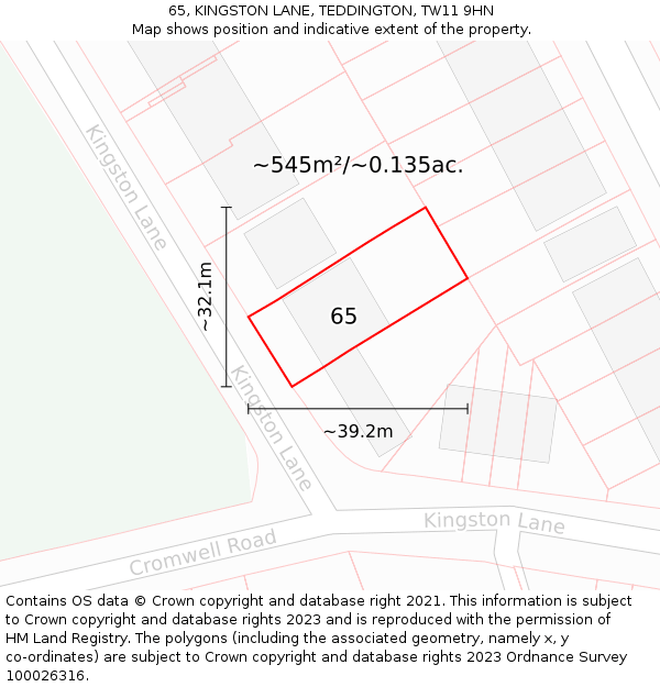 65, KINGSTON LANE, TEDDINGTON, TW11 9HN: Plot and title map