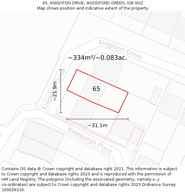 65, KNIGHTON DRIVE, WOODFORD GREEN, IG8 0NZ: Plot and title map