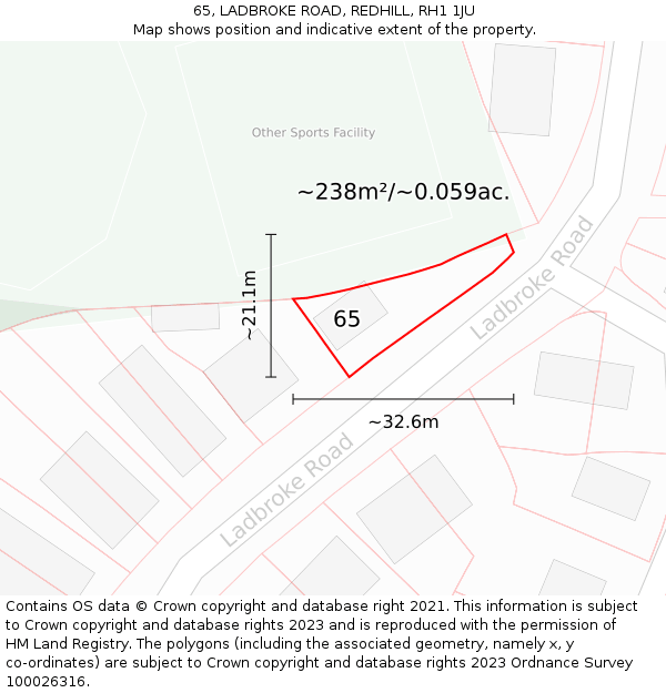 65, LADBROKE ROAD, REDHILL, RH1 1JU: Plot and title map