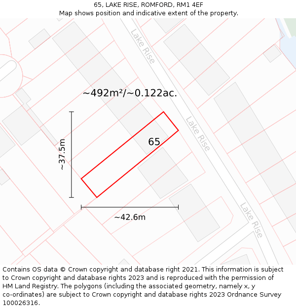 65, LAKE RISE, ROMFORD, RM1 4EF: Plot and title map