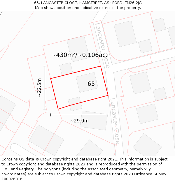 65, LANCASTER CLOSE, HAMSTREET, ASHFORD, TN26 2JG: Plot and title map