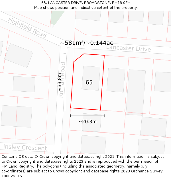 65, LANCASTER DRIVE, BROADSTONE, BH18 9EH: Plot and title map