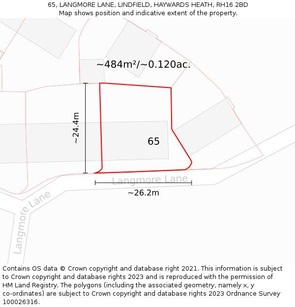 65, LANGMORE LANE, LINDFIELD, HAYWARDS HEATH, RH16 2BD: Plot and title map