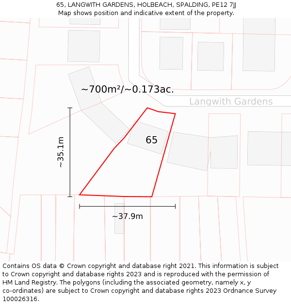 65, LANGWITH GARDENS, HOLBEACH, SPALDING, PE12 7JJ: Plot and title map