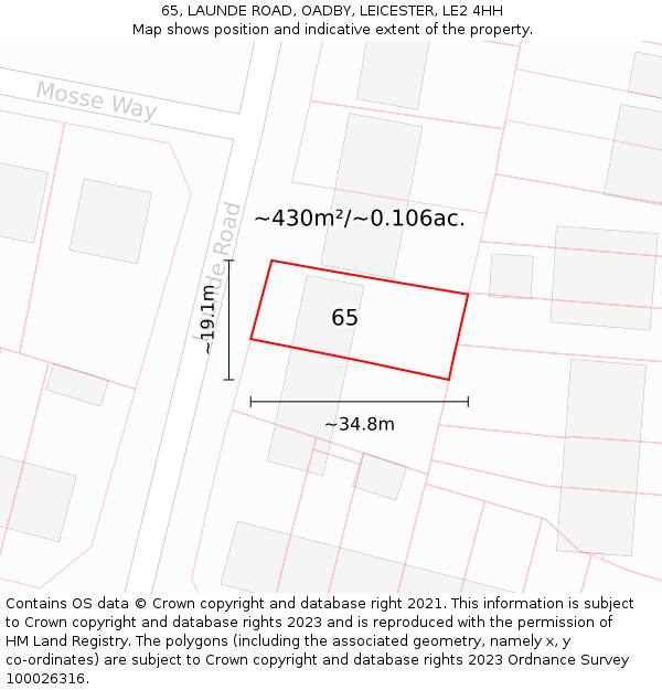 65, LAUNDE ROAD, OADBY, LEICESTER, LE2 4HH: Plot and title map