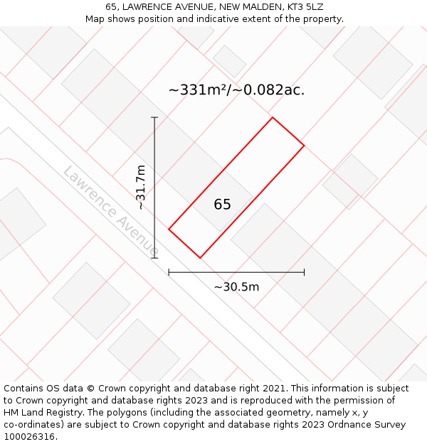 65, LAWRENCE AVENUE, NEW MALDEN, KT3 5LZ: Plot and title map