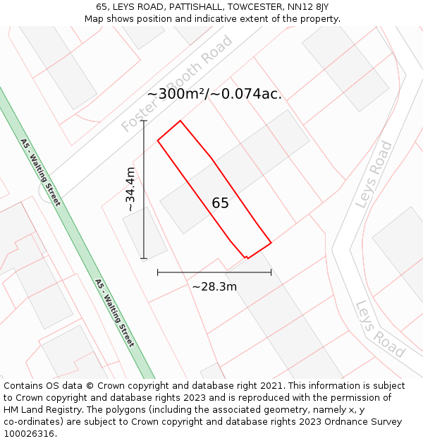 65, LEYS ROAD, PATTISHALL, TOWCESTER, NN12 8JY: Plot and title map