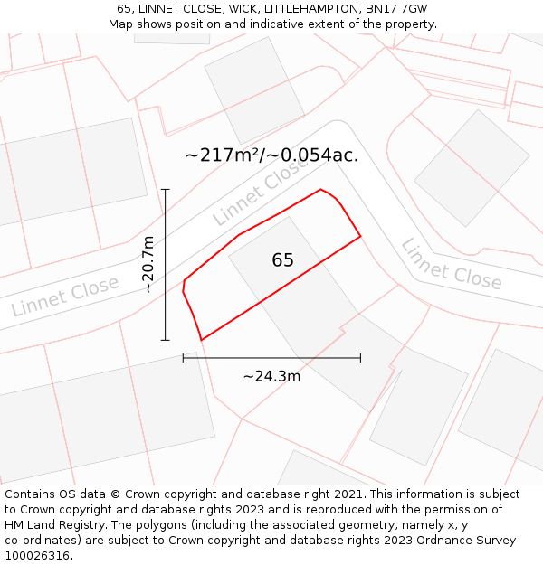 65, LINNET CLOSE, WICK, LITTLEHAMPTON, BN17 7GW: Plot and title map