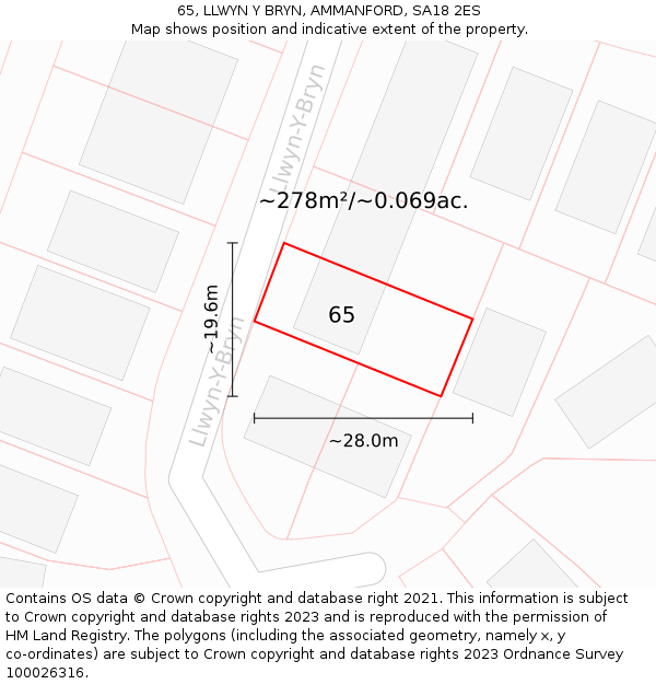 65, LLWYN Y BRYN, AMMANFORD, SA18 2ES: Plot and title map