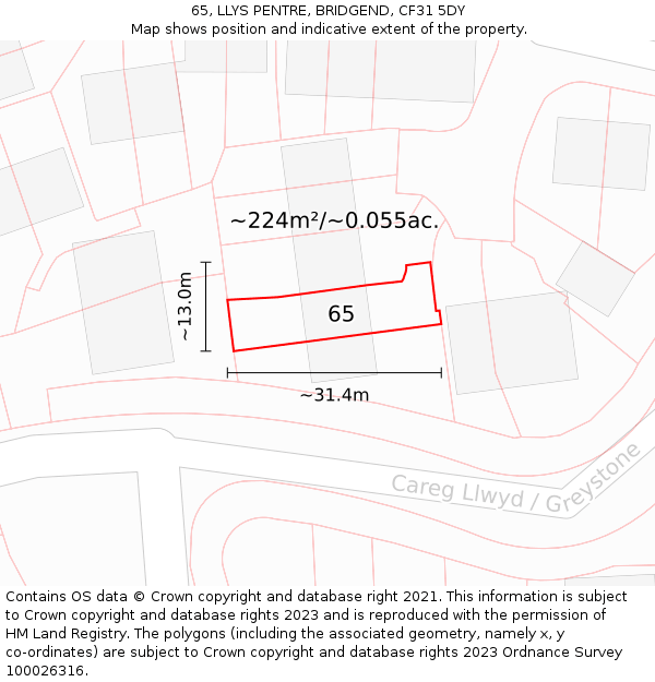 65, LLYS PENTRE, BRIDGEND, CF31 5DY: Plot and title map