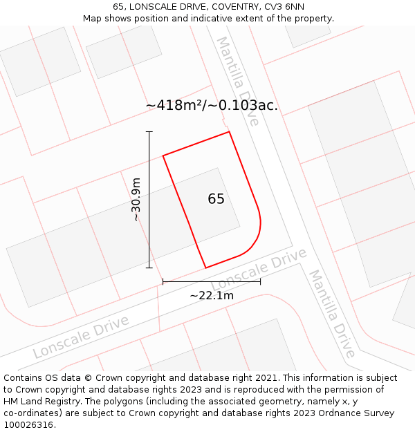 65, LONSCALE DRIVE, COVENTRY, CV3 6NN: Plot and title map