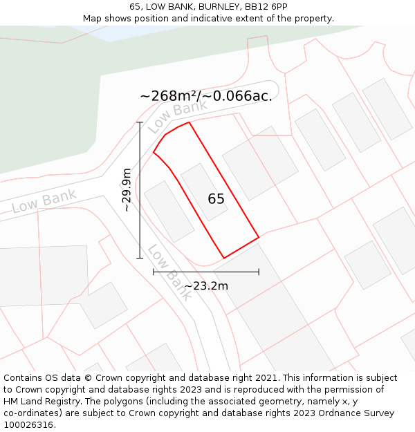 65, LOW BANK, BURNLEY, BB12 6PP: Plot and title map