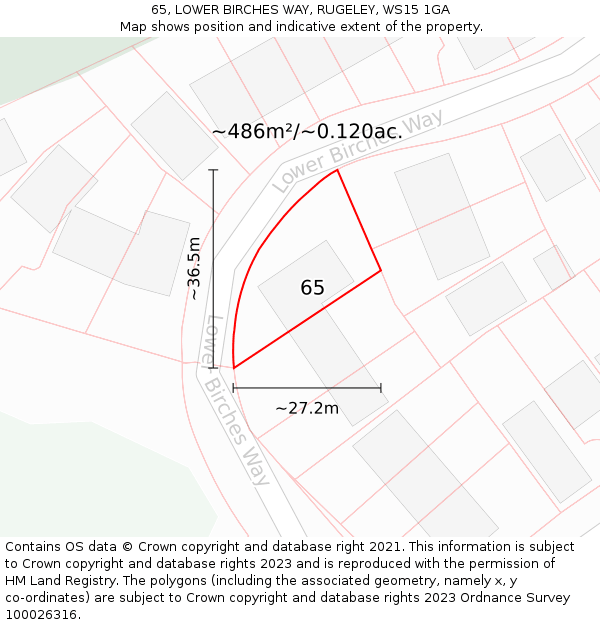 65, LOWER BIRCHES WAY, RUGELEY, WS15 1GA: Plot and title map