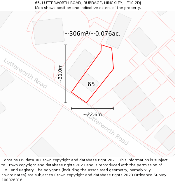 65, LUTTERWORTH ROAD, BURBAGE, HINCKLEY, LE10 2DJ: Plot and title map