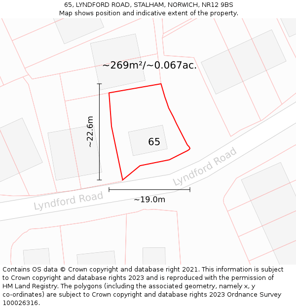 65, LYNDFORD ROAD, STALHAM, NORWICH, NR12 9BS: Plot and title map
