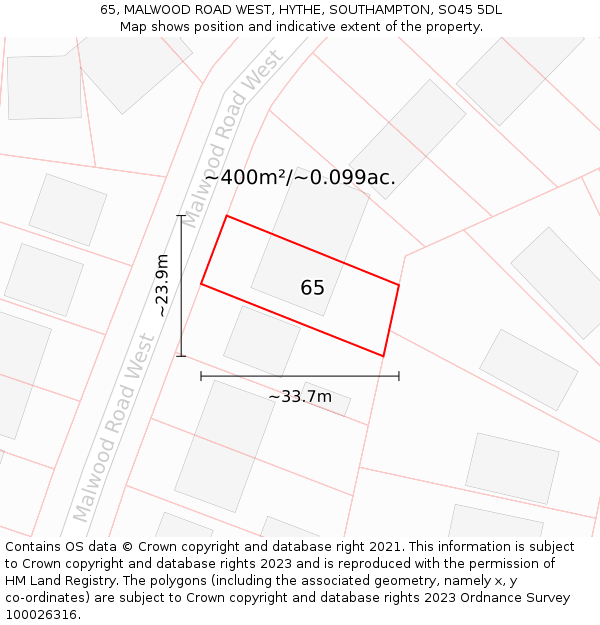 65, MALWOOD ROAD WEST, HYTHE, SOUTHAMPTON, SO45 5DL: Plot and title map