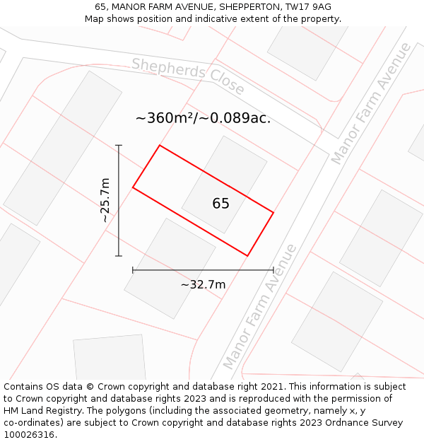 65, MANOR FARM AVENUE, SHEPPERTON, TW17 9AG: Plot and title map