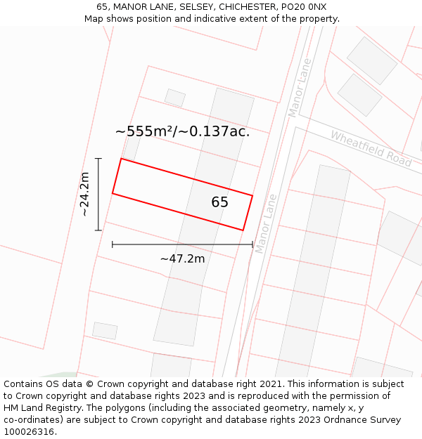 65, MANOR LANE, SELSEY, CHICHESTER, PO20 0NX: Plot and title map