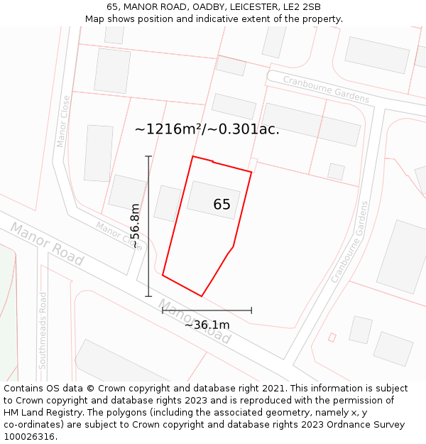65, MANOR ROAD, OADBY, LEICESTER, LE2 2SB: Plot and title map
