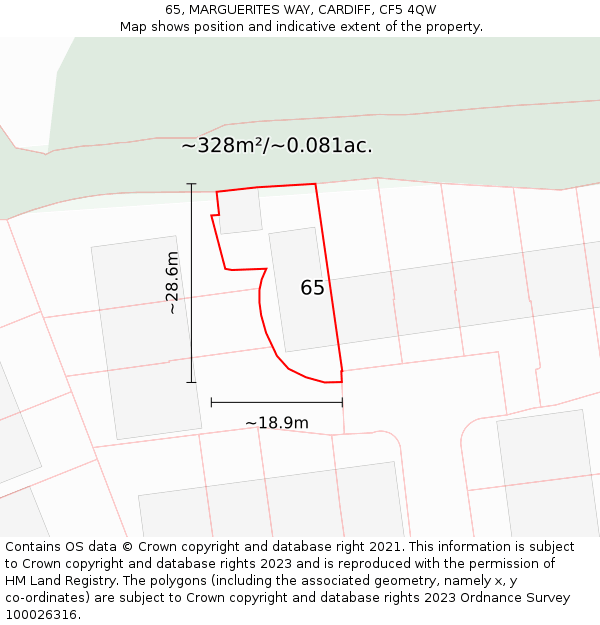 65, MARGUERITES WAY, CARDIFF, CF5 4QW: Plot and title map