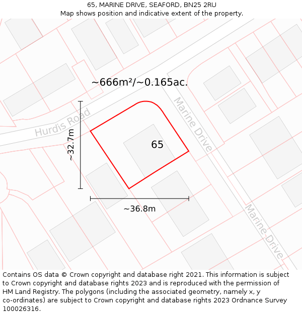 65, MARINE DRIVE, SEAFORD, BN25 2RU: Plot and title map