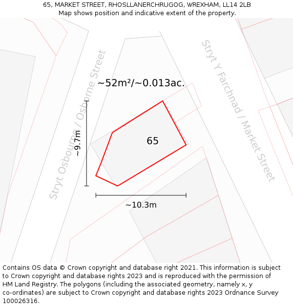 65, MARKET STREET, RHOSLLANERCHRUGOG, WREXHAM, LL14 2LB: Plot and title map